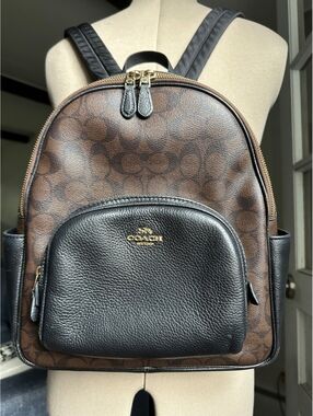 Coach Court Backpack Signature Canvas Brown Black Leather